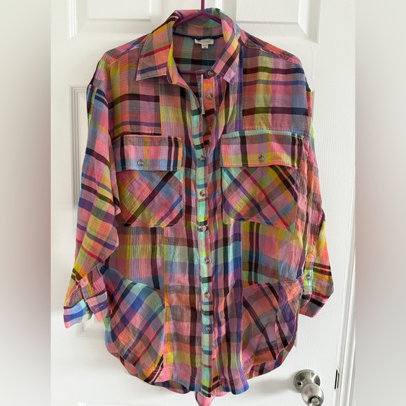 NWT Pilcro XXS/XS Long-Sleeve Mixed Madras Plaid Oversized Buttondown Shirt - Picture 13 of 15